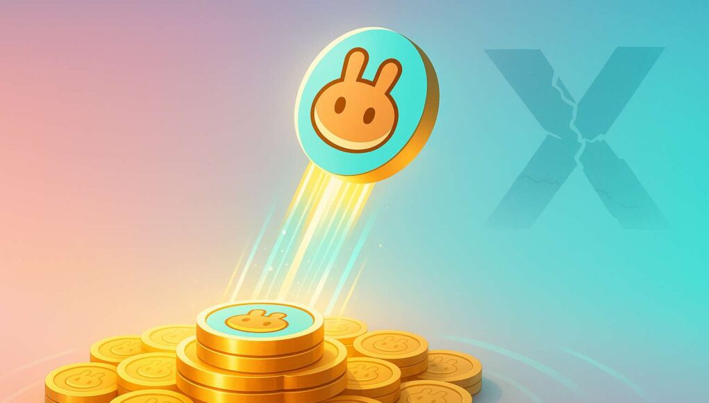 Futuristic illustration of the PancakeSwap CakePad launch showing a CAKE token lifting from a golden digital launchpad with pastel pink, turquoise, and gold tones, symbolizing market growth after the X account hack.