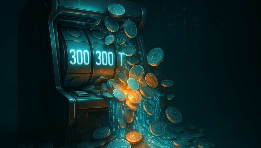 A futuristic blockchain-themed slot machine overflowing with glowing PYUSD coins and digital data streams, symbolizing the Paxos minting error and the risks of automation in stablecoin systems.