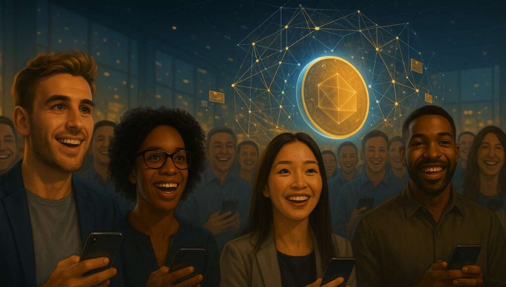 Polymarket-Poly-token-launch A diverse, excited audience watches a glowing holographic display of abstract polygonal shapes at a modern tech event, symbolizing anticipation for the Polymarket POLY token launch. The bright blue and gold light reflects on their faces, capturing the optimism and energy of a digital product reveal.