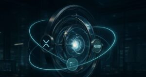 Ripple GTreasury Acquisition Marks $1B Move Into Corporate Treasury Management Ripple GTreasury acquisition illustrated as a futuristic liquidity engine, showing XRP and RLUSD flows symbolizing blockchain integration into corporate treasury systems.