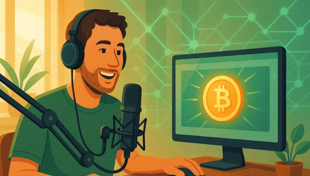 Rumble-bitcoin-tipping A smiling Rumble creator receives a glowing Bitcoin tip on their video screen, symbolizing the new Tether-powered Bitcoin tipping feature that enables global crypto payments for content creators.