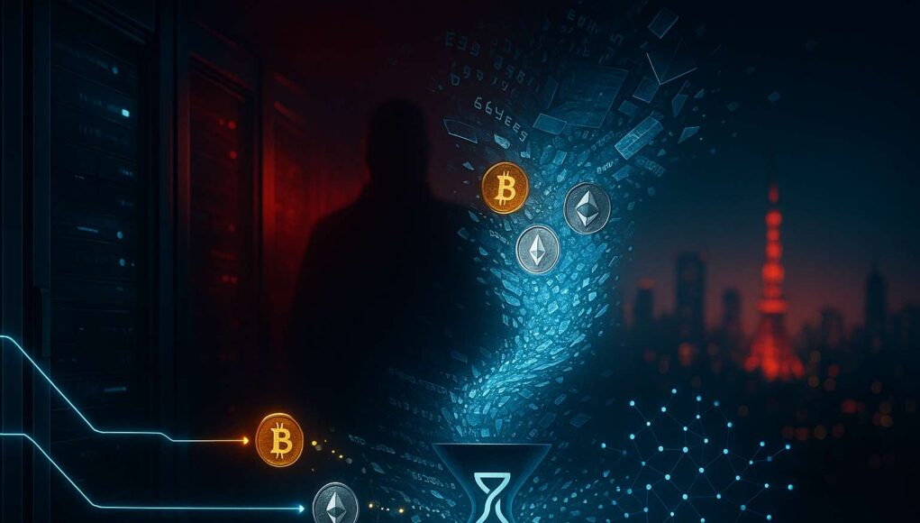 SBI Crypto hack concept art showing a swirling hex-grid tornado anonymizing Bitcoin, Ethereum, and Dogecoin while on-chain traces split toward micro-wallets.
