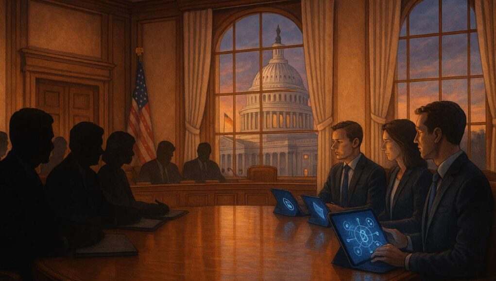 Lawmakers and crypto executives meet at Capitol Hill to attend Senate Democrats crypto meeting. Editorial illustration.