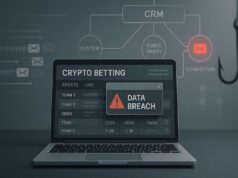 Shuffle.com Confirms User Data Leak After Partner Breach — Wallets Remain Secure Shuffle.com data breach alert on laptop screen, showing crypto betting dashboard and red warning, hinting at third-party CRM vulnerability.
