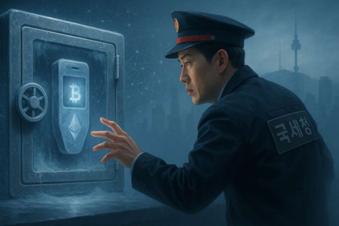 South Korean tax inspector reaching toward a glowing hardware crypto wallet locked in an icy digital safe, symbolizing the South Korea crypto tax crackdown and cold wallet seizure enforcement.