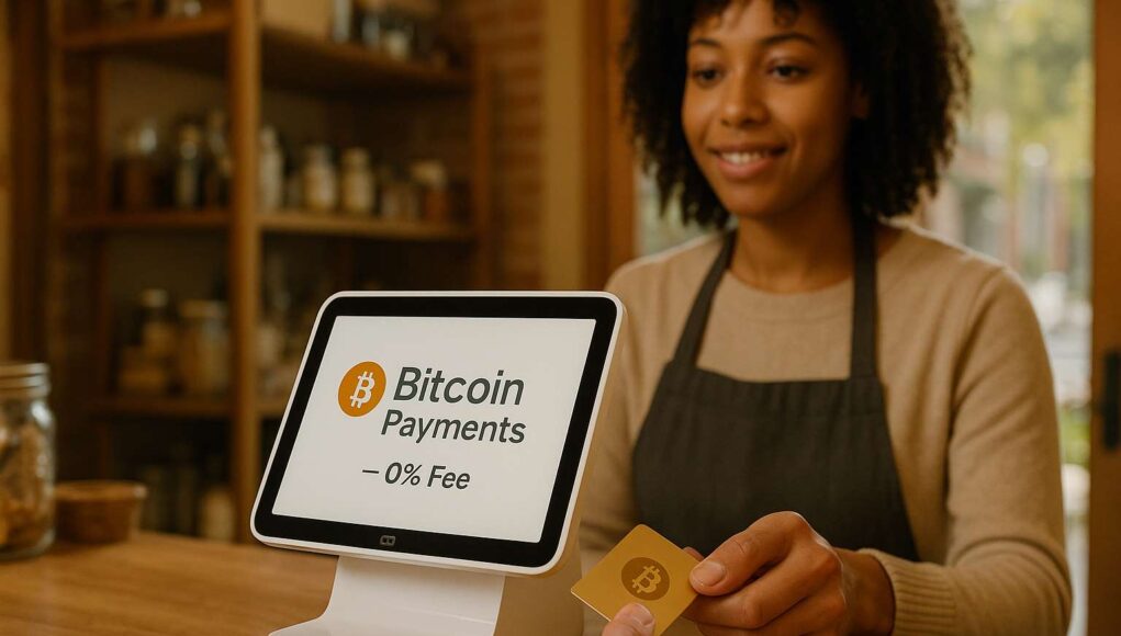 Editorial image of a customer paying with Bitcoin at a small business using a Square terminal displaying “Bitcoin Payments — 0% Fee,” symbolizing Square’s Bitcoin payments rollout across U.S. merchants.