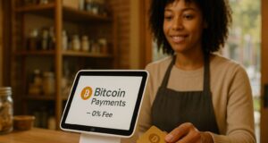 Editorial image of a customer paying with Bitcoin at a small business using a Square terminal displaying “Bitcoin Payments — 0% Fee,” symbolizing Square’s Bitcoin payments rollout across U.S. merchants.
