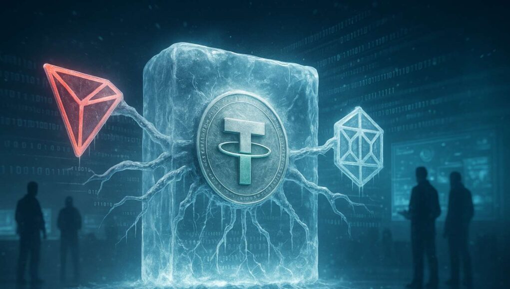 Tether-TRON-Financial-Crime-Unit Editorial illustration showing a Tether coin frozen in ice and connected by digital cables to TRON and TRM Labs logos, symbolizing the T3 Financial Crime Unit’s $300 million freeze of illicit crypto assets across the USDT-TRON network.