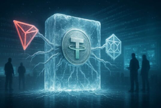 $300 Million Frozen — T3 Targets Stablecoin Crime but the Hard Part’s Just Beginning Editorial illustration showing a Tether coin frozen in ice and connected by digital cables to TRON and TRM Labs logos, symbolizing the T3 Financial Crime Unit’s $300 million freeze of illicit crypto assets across the USDT-TRON network.