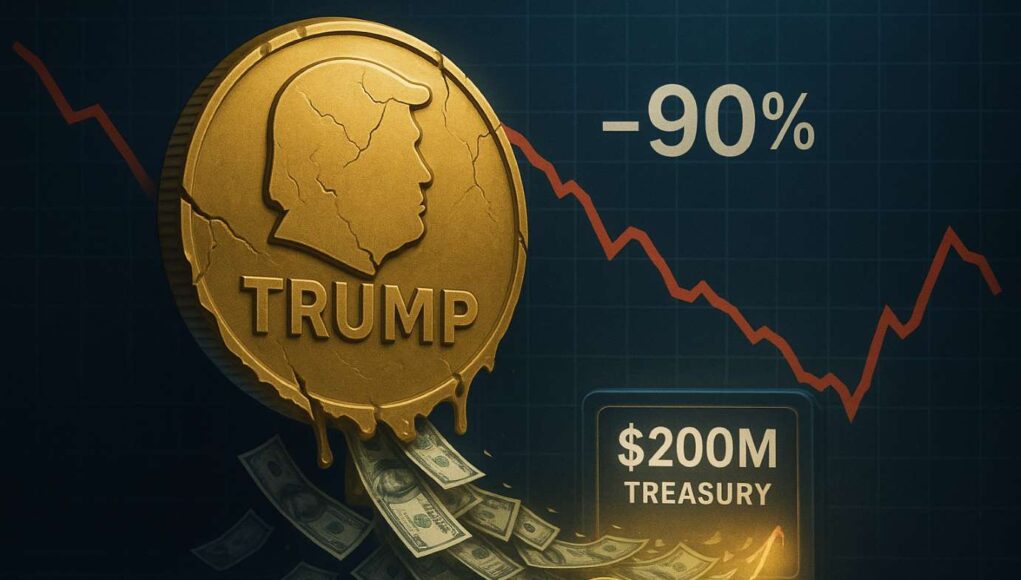 Illustration of a cracked gold coin labeled “TRUMP” tilting downward as dollar bills flow into a glowing digital vault marked “$200M Treasury,” symbolizing the Trump meme coin’s rescue plan after a 90% price drop.
