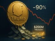 From hype to bailout: Trump meme coin’s $200 million rescue plan Illustration of a cracked gold coin labeled “TRUMP” tilting downward as dollar bills flow into a glowing digital vault marked “$200M Treasury,” symbolizing the Trump meme coin’s rescue plan after a 90% price drop.