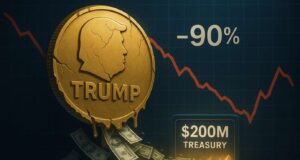 From hype to bailout: Trump meme coin’s $200 million rescue plan Illustration of a cracked gold coin labeled “TRUMP” tilting downward as dollar bills flow into a glowing digital vault marked “$200M Treasury,” symbolizing the Trump meme coin’s rescue plan after a 90% price drop.