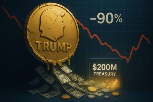 From hype to bailout: Trump meme coin’s $200 million rescue plan Illustration of a cracked gold coin labeled “TRUMP” tilting downward as dollar bills flow into a glowing digital vault marked “$200M Treasury,” symbolizing the Trump meme coin’s rescue plan after a 90% price drop.