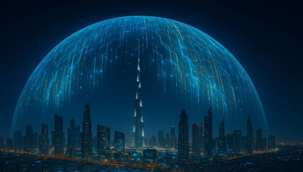 Nighttime digital illustration of Dubai skyline under a glowing holographic firewall dome, symbolizing VARA’s regulation protecting the city’s crypto innovation.