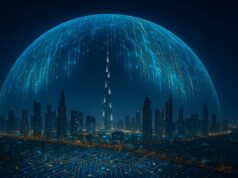 VARA Fines Crypto Firms — Dubai Tightens Its License-First, Marketing-Clean Rulebook Nighttime digital illustration of Dubai skyline under a glowing holographic firewall dome, symbolizing VARA’s regulation protecting the city’s crypto innovation.