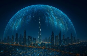 VARA Fines Crypto Firms — Dubai Tightens Its License-First, Marketing-Clean Rulebook Nighttime digital illustration of Dubai skyline under a glowing holographic firewall dome, symbolizing VARA’s regulation protecting the city’s crypto innovation.