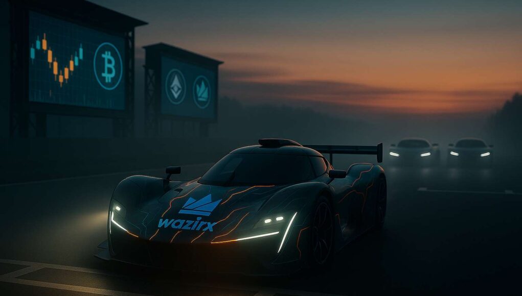 Cinematic 3:2 editorial illustration showing the WazirX relaunch as a race car starting its engine at dawn, symbolizing the exchange’s comeback with zero trading fees and renewed momentum in India’s crypto market.