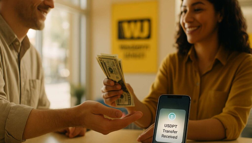 Western-Union-USDPT-stablecoin Editorial photo of a person receiving cash from a Western Union agent while a smartphone displays a USDPT stablecoin transfer, bridging digital money and real-world payments.