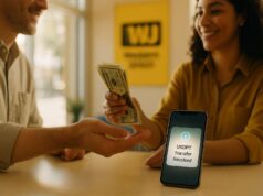 Western Union USDPT Stablecoin Turns Wallets Into Cash Payout Rails Editorial photo of a person receiving cash from a Western Union agent while a smartphone displays a USDPT stablecoin transfer, bridging digital money and real-world payments.