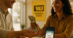 Western Union USDPT Stablecoin Turns Wallets Into Cash Payout Rails Editorial photo of a person receiving cash from a Western Union agent while a smartphone displays a USDPT stablecoin transfer, bridging digital money and real-world payments.