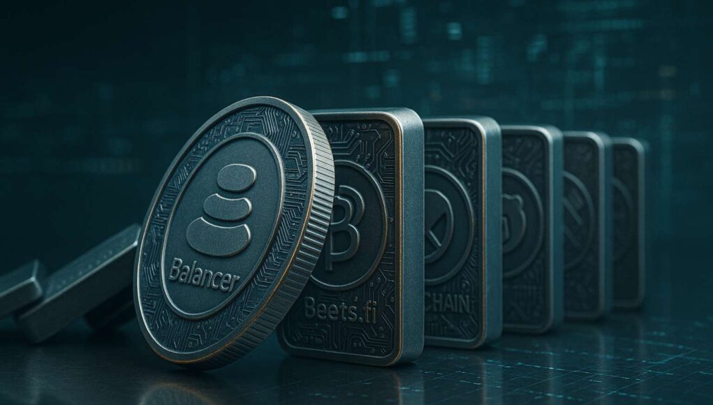 Balancer-hack Metallic crypto dominos engraved with Balancer, Beets.fi, and Berachain logos toppling in a chain reaction, symbolizing the $128M Balancer hack 2025 and cascading DeFi exploit across shared smart-contract code.