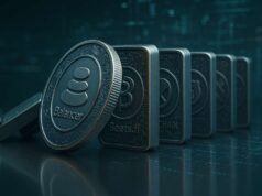 Balancer Exploit Spreads Across Forks as Shared v2 Code Fuels $128 Million Drain Metallic crypto dominos engraved with Balancer, Beets.fi, and Berachain logos toppling in a chain reaction, symbolizing the $128M Balancer hack 2025 and cascading DeFi exploit across shared smart-contract code.