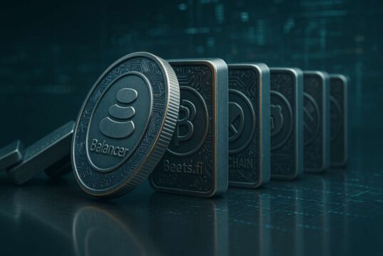 Balancer Exploit Spreads Across Forks as Shared v2 Code Fuels $128 Million Drain Metallic crypto dominos engraved with Balancer, Beets.fi, and Berachain logos toppling in a chain reaction, symbolizing the $128M Balancer hack 2025 and cascading DeFi exploit across shared smart-contract code.