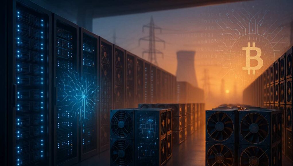 CleanSpark Raises $1.15 Billion to Expand Bitcoin and AI Computing Power Editorial illustration of a CleanSpark data center merging Bitcoin mining and AI servers after $1.15 billion convertible notes raise.
