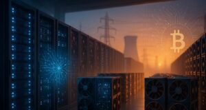 CleanSpark Raises $1.15 Billion to Expand Bitcoin and AI Computing Power Editorial illustration of a CleanSpark data center merging Bitcoin mining and AI servers after $1.15 billion convertible notes raise.