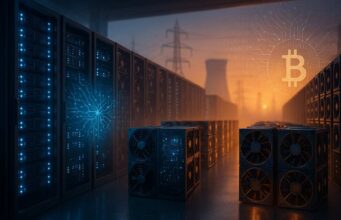 CleanSpark Raises $1.15 Billion to Expand Bitcoin and AI Computing Power Editorial illustration of a CleanSpark data center merging Bitcoin mining and AI servers after $1.15 billion convertible notes raise.