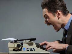 Inside ICBA’s Case Against Coinbase’s Trust Charter — and Why Coinbase Calls It Protectionism Legal clerk typing a letter on an old fashioned typewriter with ICBA logo, screaming as he drafts his letter to the OCC.