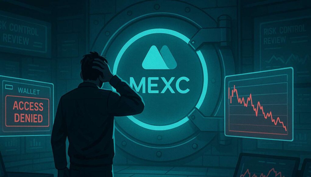 A crypto trader stands before a locked digital vault glowing with the MEXC logo, symbolizing blocked account access and user frustration amid solvency rumors and transparency concerns.