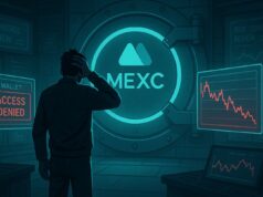 From Silence to Sorry: MEXC’s $3 Million Freeze and the Cost of Accountability A crypto trader stands before a locked digital vault glowing with the MEXC logo, symbolizing blocked account access and user frustration amid solvency rumors and transparency concerns.