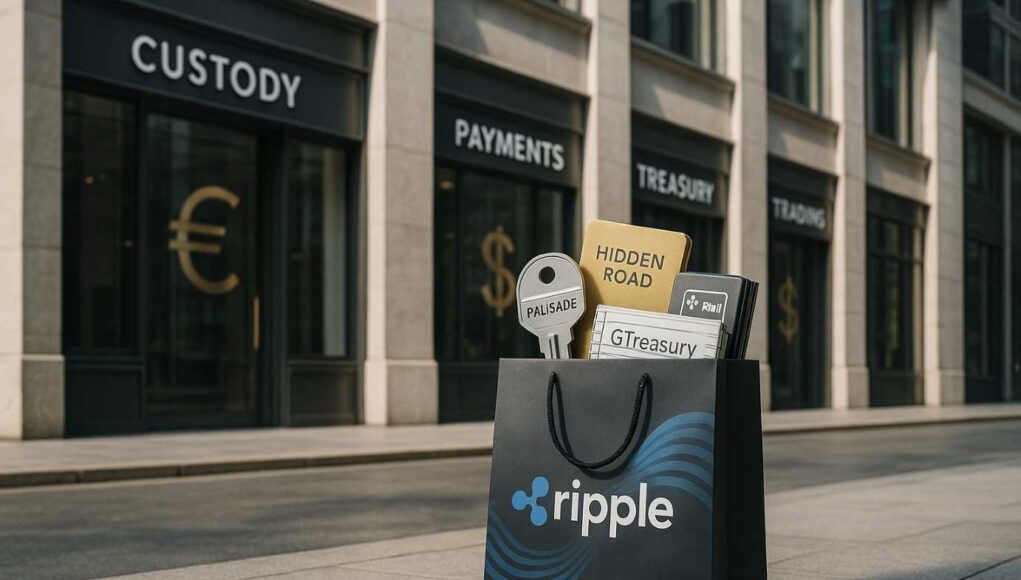 Ripple-Palisade-acquisition Ripple’s $4B Palisade acquisition visualized as a shopping spree. Ripple bag filled with symbols of custody, payments, and trading deals.