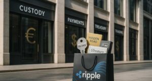 Ripple Palisade Acquisition Locks In Full-Stack Institutional Custody and Payments Ripple’s $4B Palisade acquisition visualized as a shopping spree. Ripple bag filled with symbols of custody, payments, and trading deals.