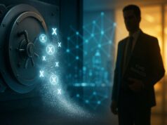 Off-Chain Manager, On-Chain Fallout: Stream Finance Probes $93 Million Loss After XUSD Depeg Stream Finance $93M loss visual. Open digital vault with dissolving crypto symbols and blurred office in background, symbolizing off-chain risk in DeFi.