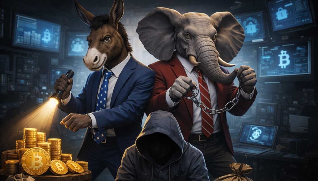SAFE-Crypto-Act Democrats and Republicans rarely agree, but crypto crime has become a rare point of bipartisan alignment. In this illustration, the donkey and the elephant stand side by side, signaling a joint political effort to crack down on scams, fraud, and illicit activity in digital asset markets.