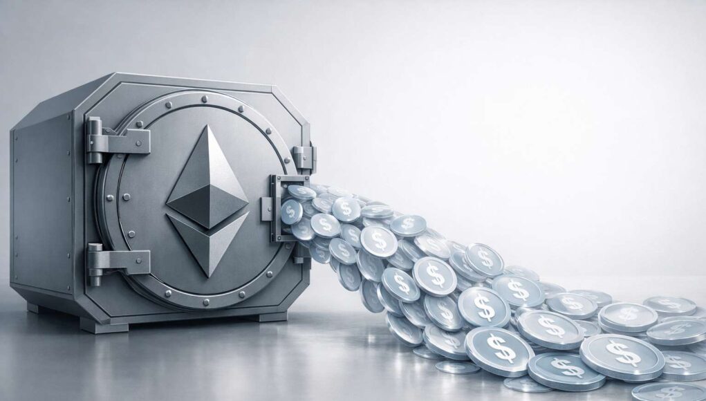 Illustration showing staked Ethereum held securely in a vault while digital USDC flows outward, representing Coinbase USDC loans that allow users to borrow against cbETH without selling ETH.