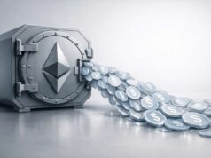 Coinbase Rolls Out USDC Loans Backed by Staked Ethereum Illustration showing staked Ethereum held securely in a vault while digital USDC flows outward, representing Coinbase USDC loans that allow users to borrow against cbETH without selling ETH.