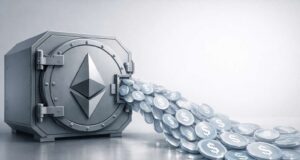 Coinbase Rolls Out USDC Loans Backed by Staked Ethereum Illustration showing staked Ethereum held securely in a vault while digital USDC flows outward, representing Coinbase USDC loans that allow users to borrow against cbETH without selling ETH.