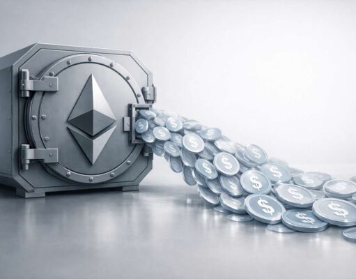 Coinbase Rolls Out USDC Loans Backed by Staked Ethereum Illustration showing staked Ethereum held securely in a vault while digital USDC flows outward, representing Coinbase USDC loans that allow users to borrow against cbETH without selling ETH.