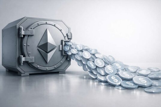 Coinbase Rolls Out USDC Loans Backed by Staked Ethereum Illustration showing staked Ethereum held securely in a vault while digital USDC flows outward, representing Coinbase USDC loans that allow users to borrow against cbETH without selling ETH.