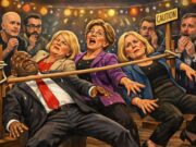 Why the US Crypto Market Structure Bill Keeps Slipping Satirical illustration of US lawmakers dancing limbo as crypto CEOs watch nervously, symbolizing stalled negotiations over crypto market structure legislation.