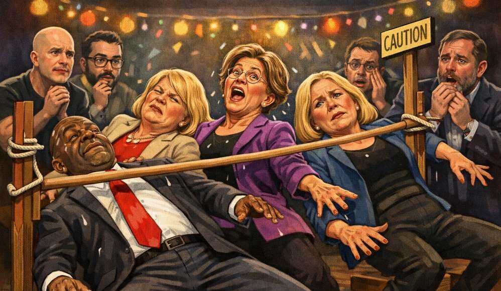 Why the US Crypto Market Structure Bill Keeps Slipping Satirical illustration of US lawmakers dancing limbo as crypto CEOs watch nervously, symbolizing stalled negotiations over crypto market structure legislation.