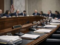 Senate crypto market structure vote advances bill, exposes fault lines ahead of Banking talks Editorial illustration, Senate committee room during the Senate crypto market structure vote on digital asset regulation