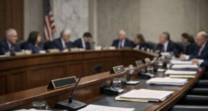 Senate crypto market structure vote advances bill, exposes fault lines ahead of Banking talks Editorial illustration, Senate committee room during the Senate crypto market structure vote on digital asset regulation