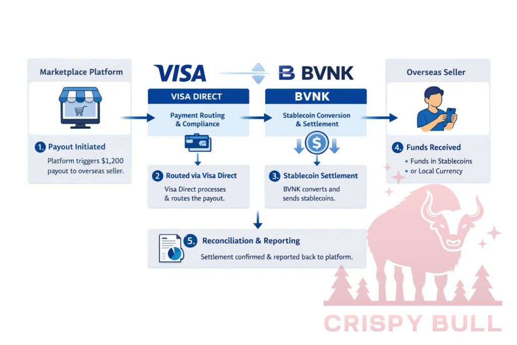 Infographic showing how stablecoin payouts work via Visa Direct and BVNK, with a step-by-step flow from an enterprise platform initiating a payout, Visa Direct routing the transaction, BVNK executing stablecoin settlement, and an overseas recipient receiving funds, followed by reconciliation and reporting.