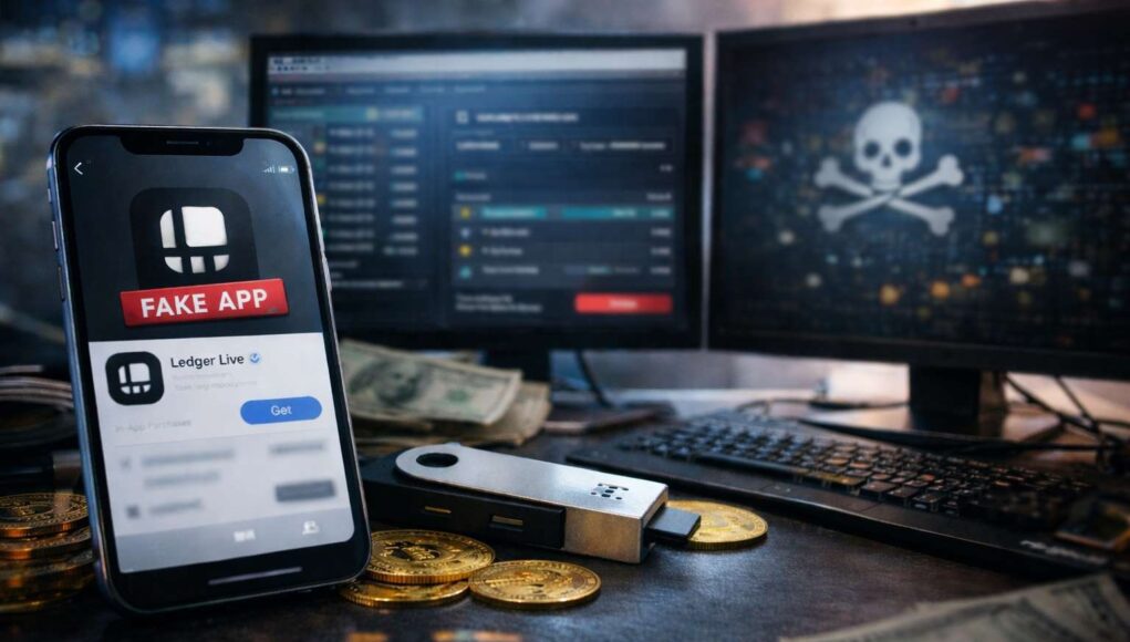 A modern smartphone displaying a generic app interface, ready to download a fake Ledger wallet app, placed on a desk next to a hardware crypto wallet device and several physical Bitcoin coins. A dimly lit workstation with dual monitors showing blurred crypto transaction dashboards and abstract security visuals. Faintly visible cash on the desk.