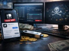 Crypto Users Lose $9.5M to Fake Ledger App on Apple Store A modern smartphone displaying a generic app interface, ready to download a fake Ledger wallet app, placed on a desk next to a hardware crypto wallet device and several physical Bitcoin coins. A dimly lit workstation with dual monitors showing blurred crypto transaction dashboards and abstract security visuals. Faintly visible cash on the desk.