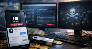 Crypto Users Lose $9.5M to Fake Ledger App on Apple Store A modern smartphone displaying a generic app interface, ready to download a fake Ledger wallet app, placed on a desk next to a hardware crypto wallet device and several physical Bitcoin coins. A dimly lit workstation with dual monitors showing blurred crypto transaction dashboards and abstract security visuals. Faintly visible cash on the desk.